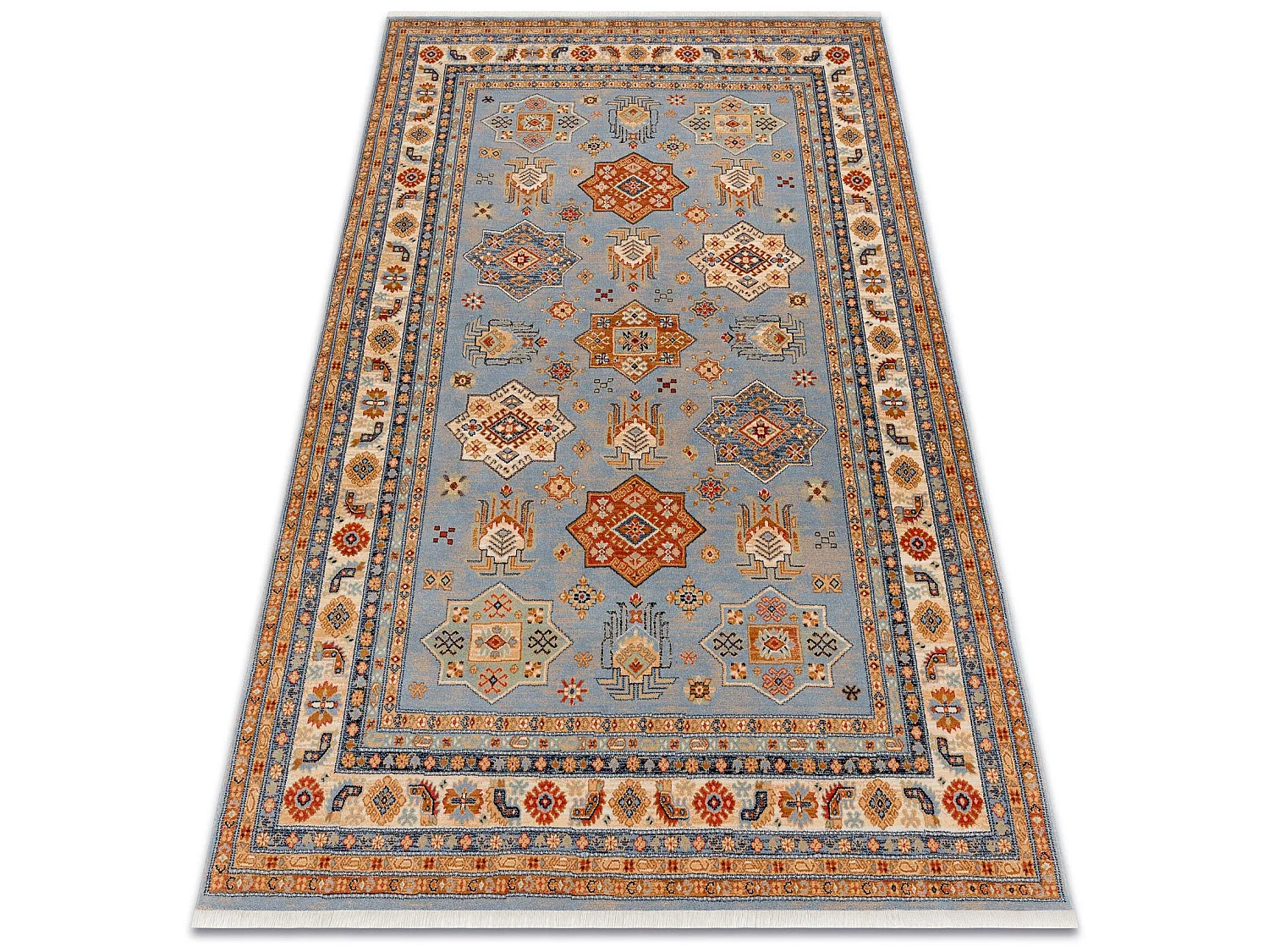Tapis KESHAN franges, Cadre oriental 7683/53544 beige / bleu 120x145 cm