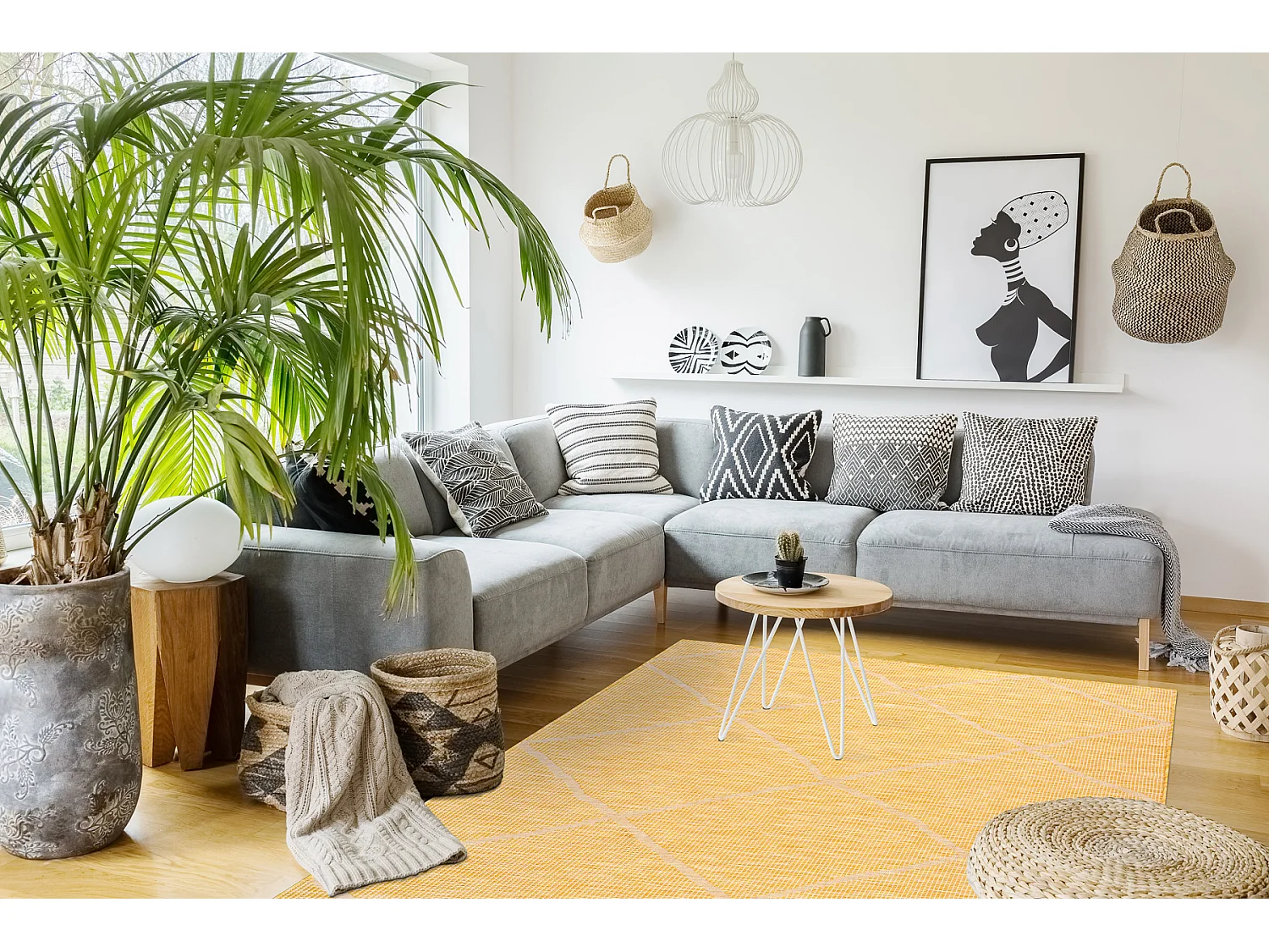 Tapis SIZAL PATIO 3075 diamants tissé à plat jaune / beige 136x190 cm