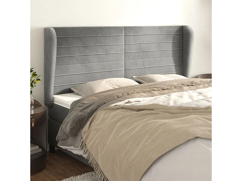 Testiera | Testata del letto ad Orecchio Grigio Chiaro 183x23x118/128 cm in Velluto