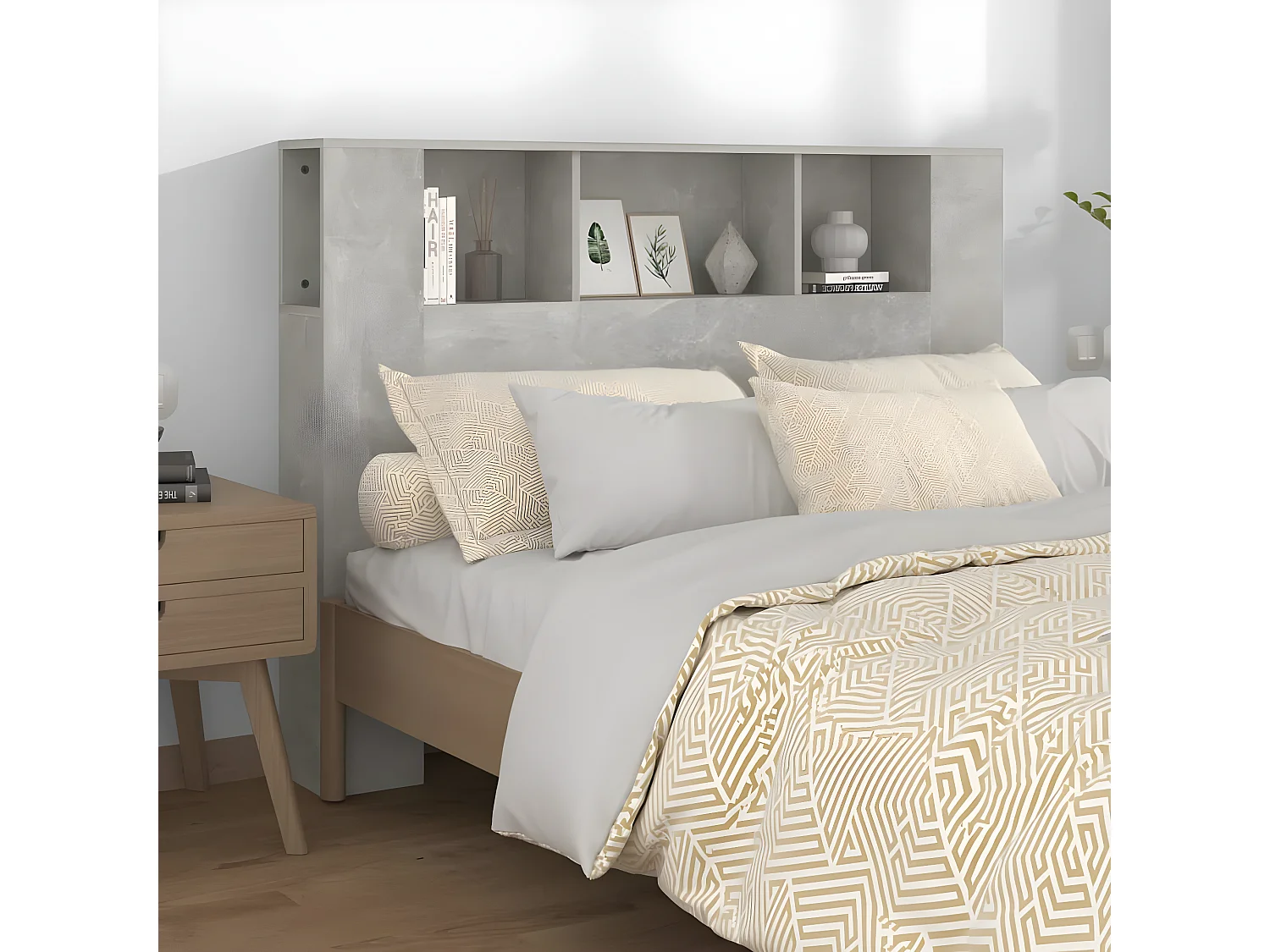 Armoire de tête de lit Gris béton 140x18,5x104,5 cm POI27037 BonneVie Meuble