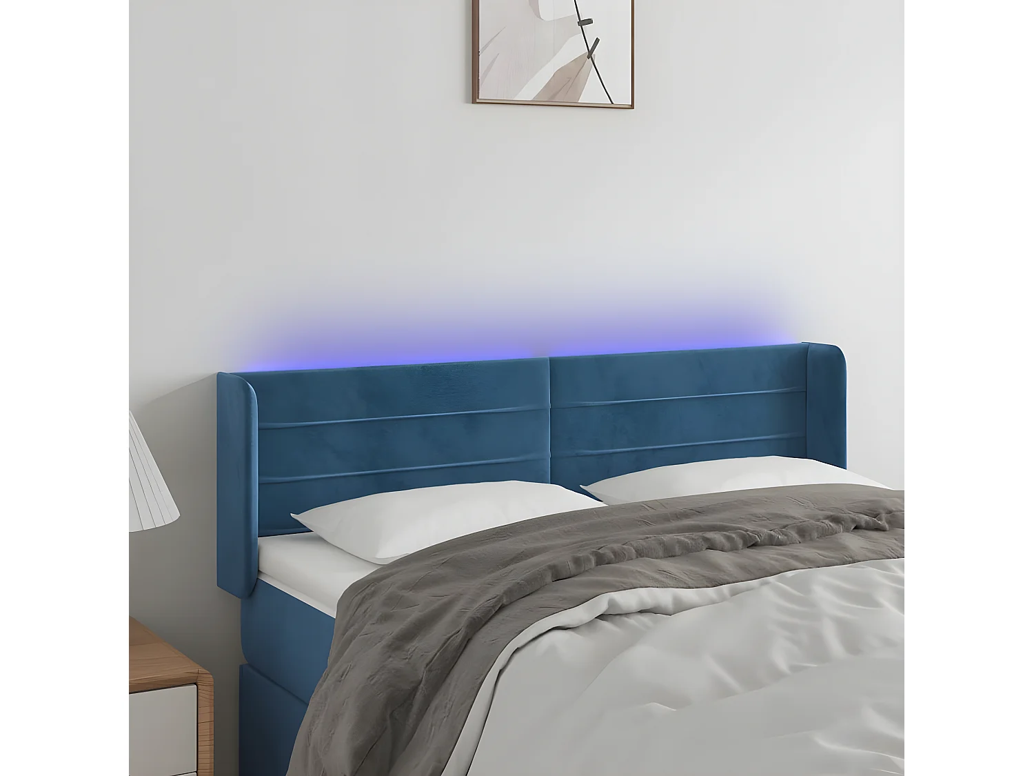 Cabeceira cama c/ luzes LED veludo 147x16x78/88 cm azul-escuro PT648246