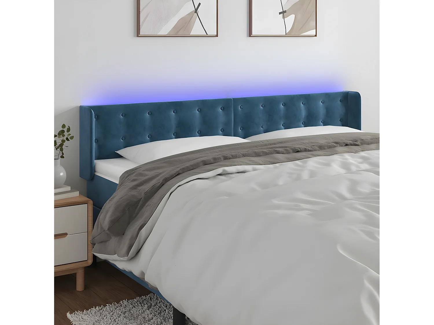 Cabeceira cama c/ luzes LED veludo 203x16x78/88 cm azul-escuro PT446232