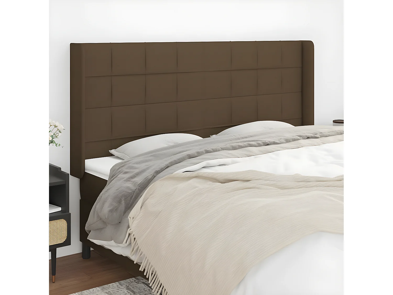 Tête de lit avec oreilles Marron foncé 163x16x118/128 cm Tissu POI30708 BonneVie Meuble