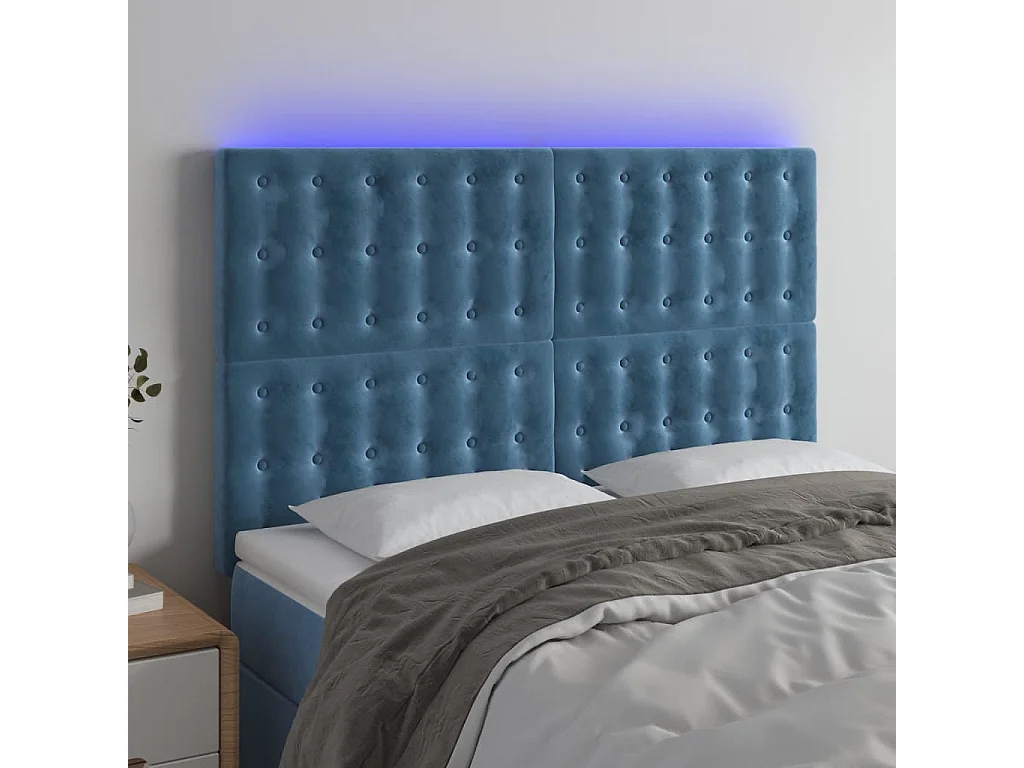 Cabeceira cama c/ luzes LED veludo 144x5x118/128cm azul-escuro PT313673