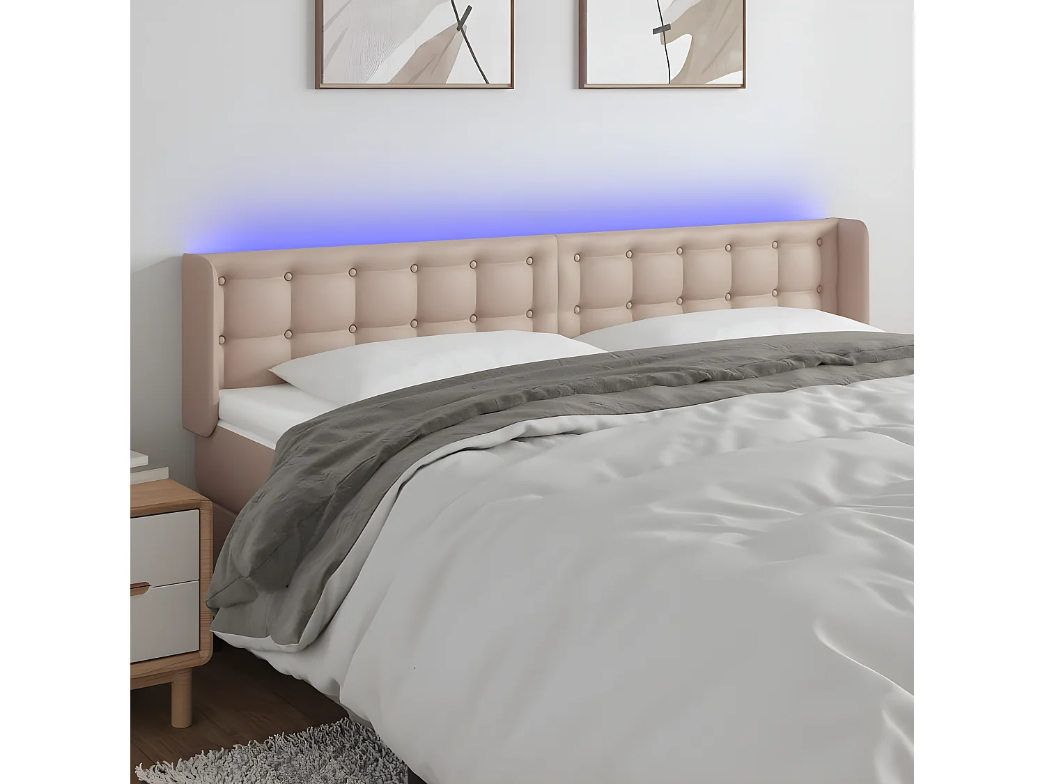 Cabeceira cama LED couro artificial 203x16x78/88 cm cappuccino PT986008