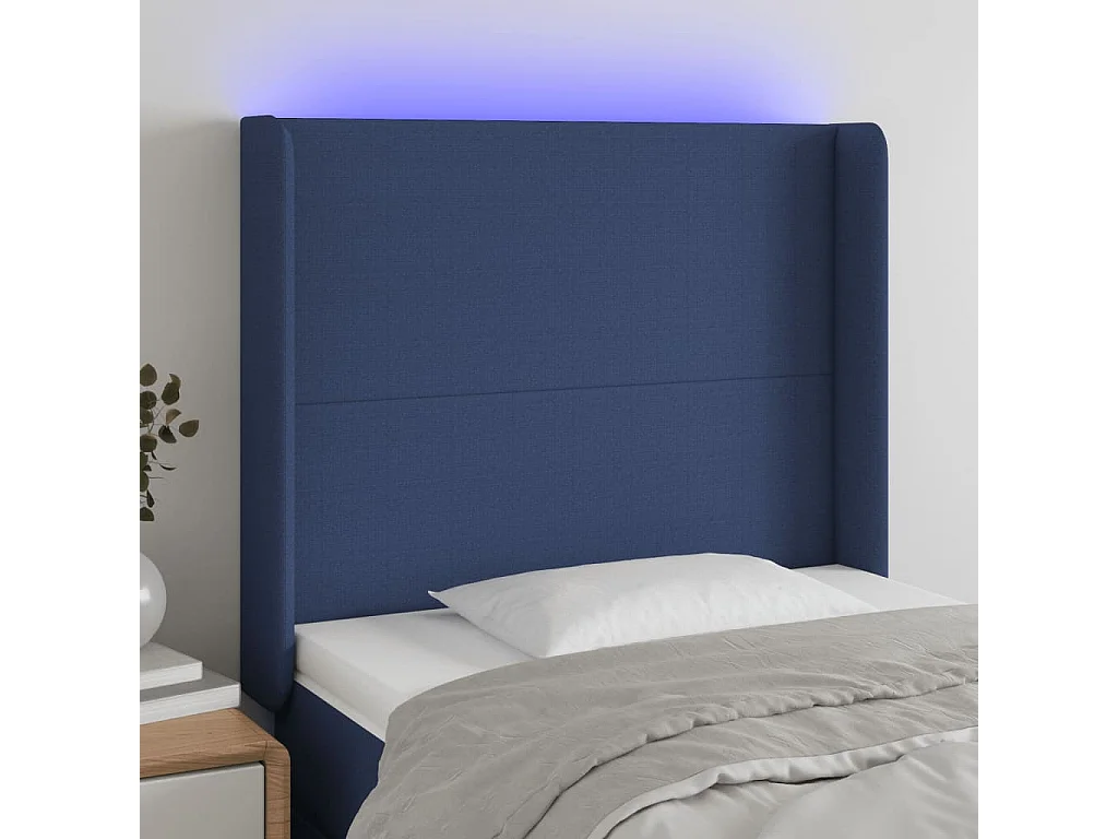 Cabeceira de cama c/ luzes LED tecido 93x16x118/128 cm azul PT928438