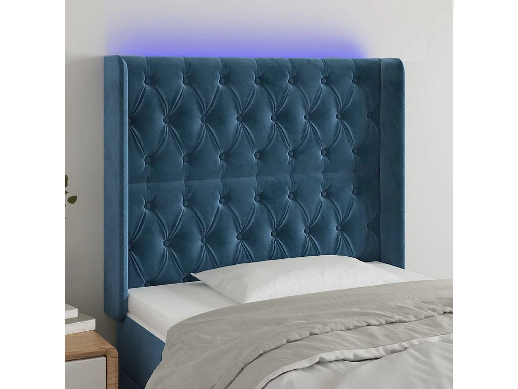 Cabeceira cama c/ luzes LED veludo 103x16x118/128cm azul-escuro PT708708