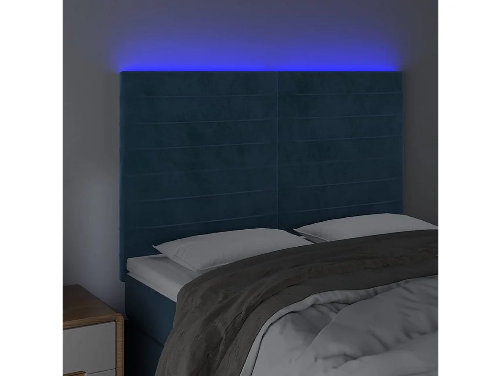 Cabeceira cama c/ luzes LED veludo 144x5x118/128cm azul-escuro PT429614