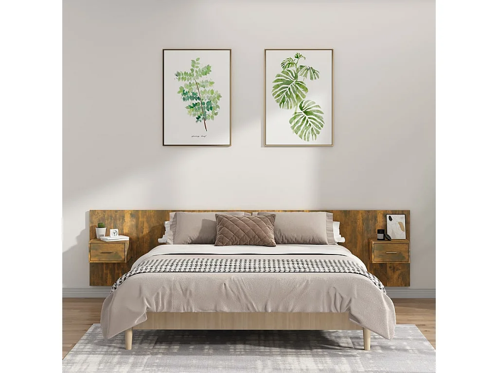 Cabecero de cama y mesitas madera contrachapada roble ahumado ES51708