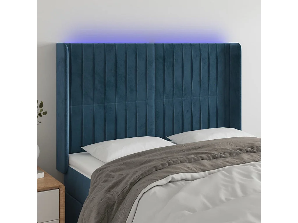 Cabeceira cama c/ luzes LED veludo 147x16x118/128cm azul-escuro PT932618