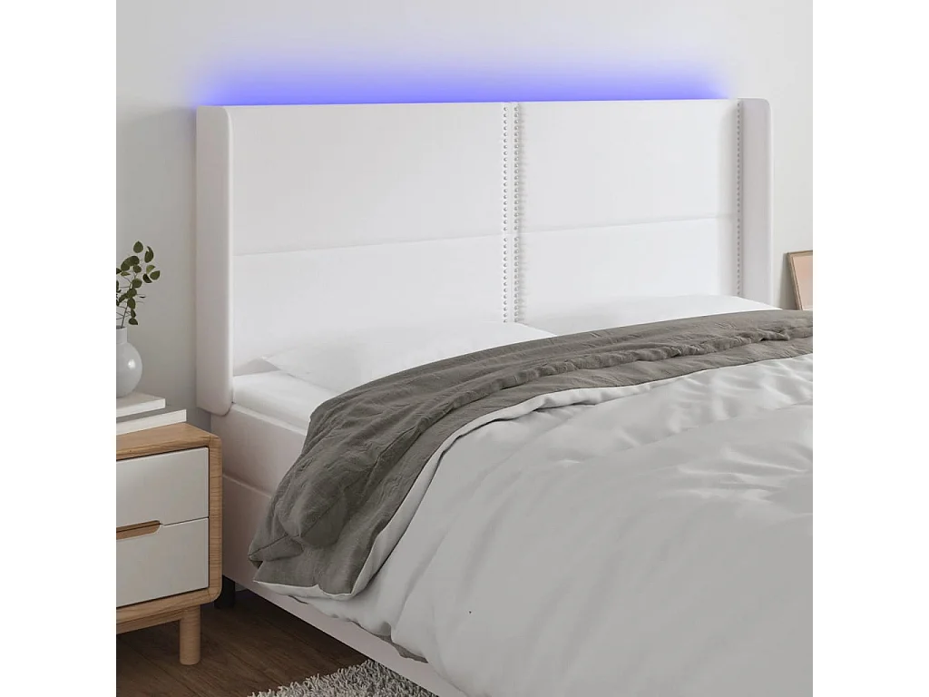 Cabeceira cama c/ LED couro artificial 163x16x118/128 cm branco PT316792