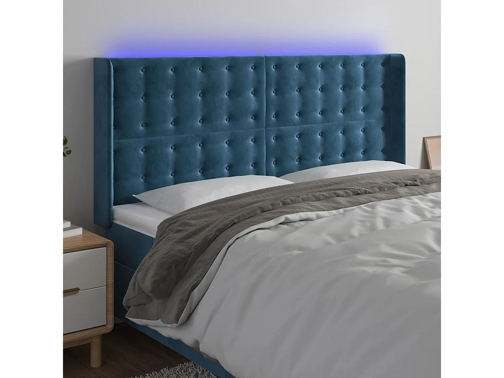 Cabeceira cama c/ luzes LED veludo 163x16x118/128cm azul-escuro PT462313