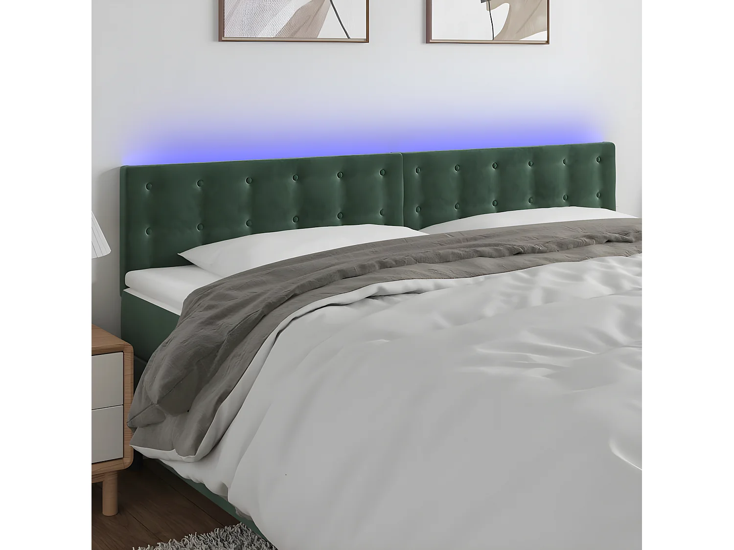 Cabeceira de cama c/luzes LED veludo 200x5x78/88cm verde-escuro PT240711
