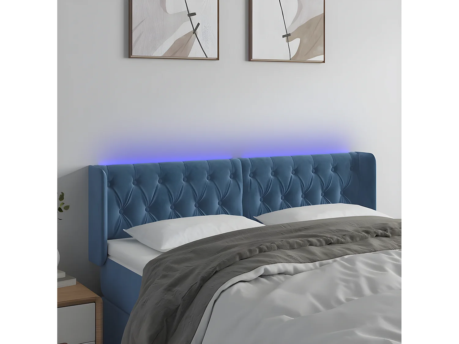 Cabeceira cama c/ luzes LED veludo 147x16x78/88 cm azul-escuro PT198794