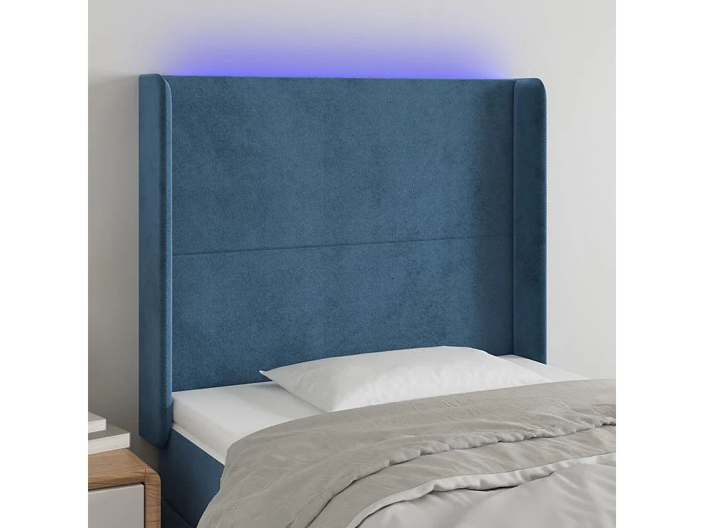 Cabeceira cama c/ luzes LED veludo 103x16x118/128cm azul-escuro PT957627