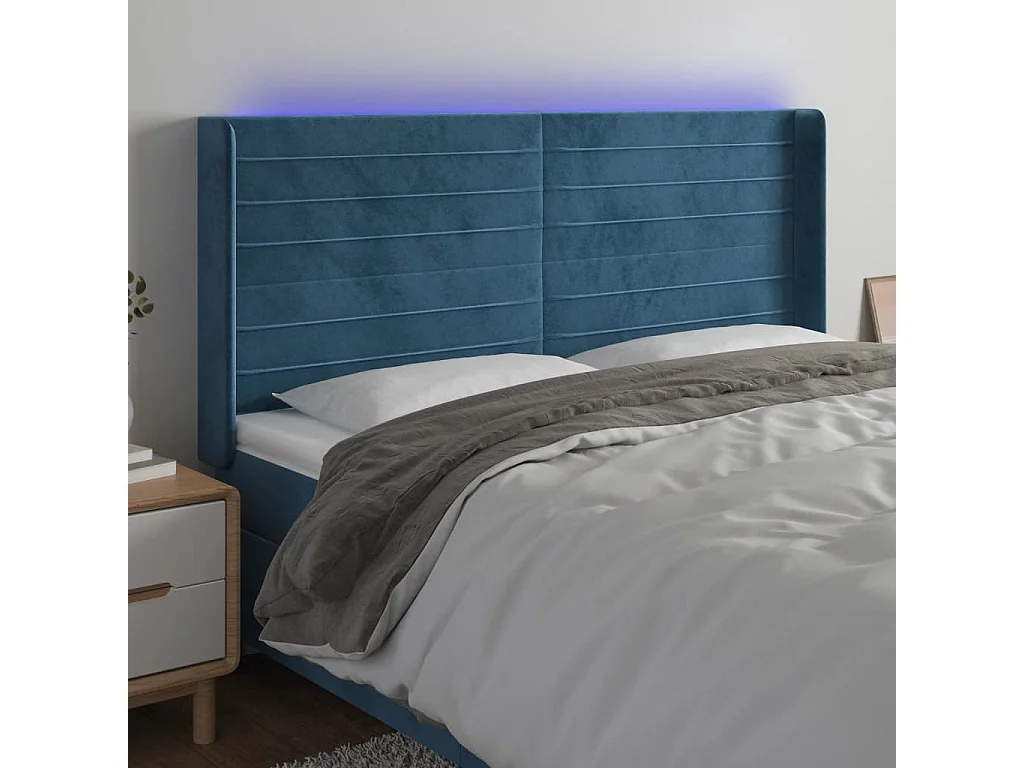 Cabeceira cama c/ luzes LED veludo 203x16x118/128cm azul-escuro PT525516