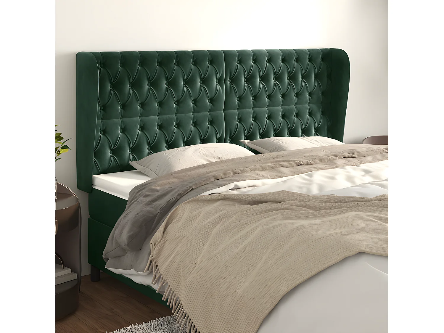 Cabeceira cama c/ abas veludo 183x23x118/128 cm verde-escuro PT660736