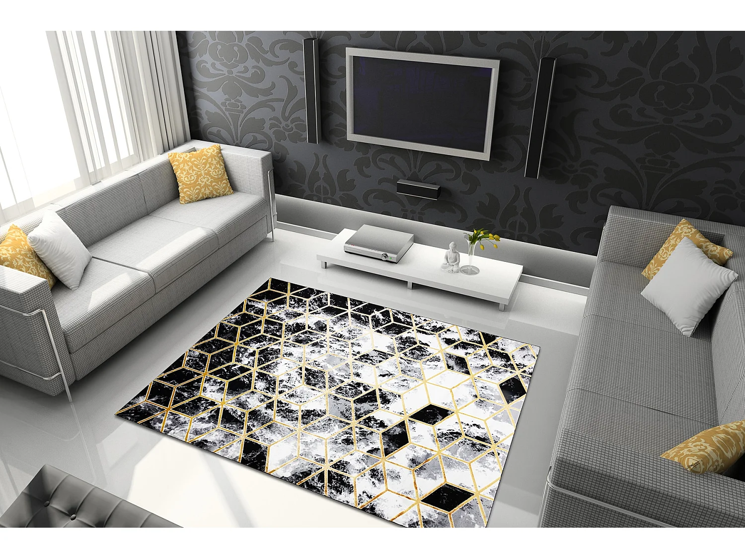 Tapis moderne 3D GLOSS 409A 82 cube élégant, glamour, art deco noir  280x370 cm