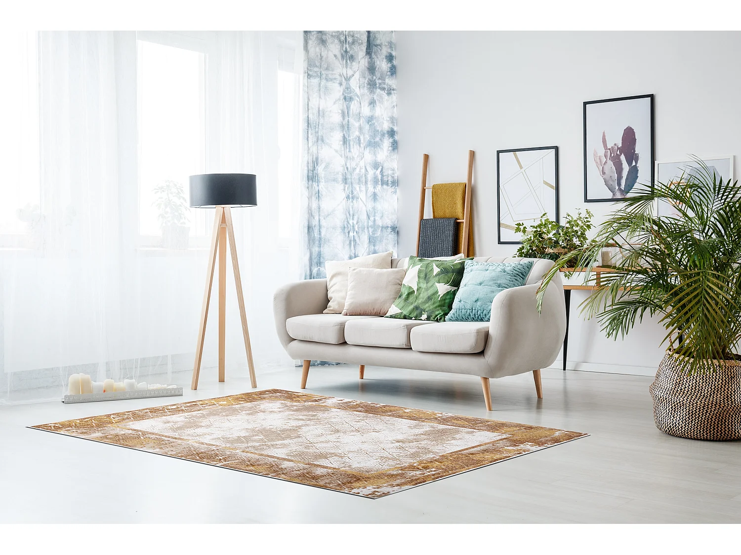 Tapis ACRYLIQUE VALS 0W1738 H02 58 Cadre marbre vintage beige / cuivre 80x100 cm