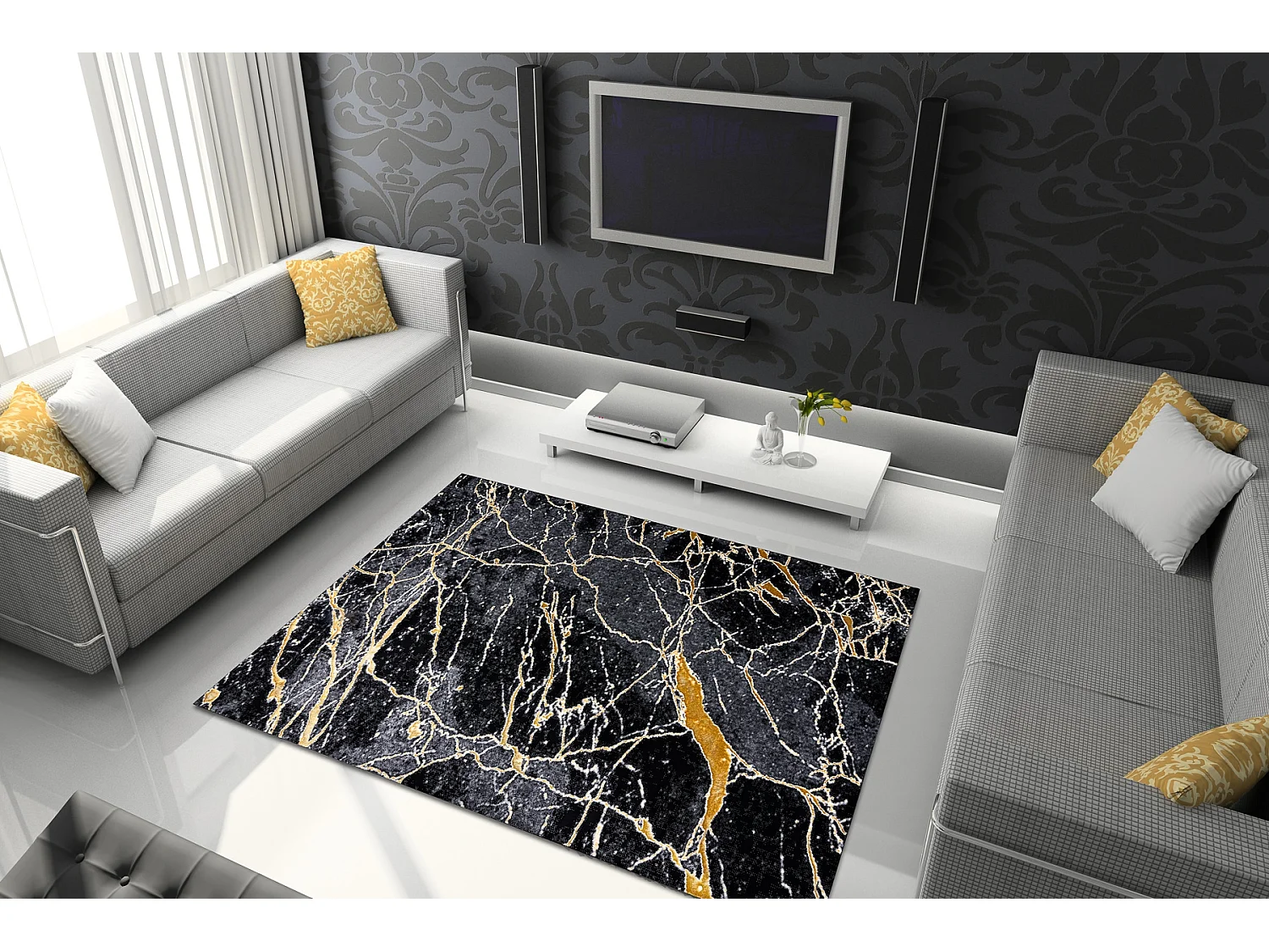 Tapijt GLOSS modern 529A 82 marmeren , steen, stijlvol, glamour zwart  180x270 cm