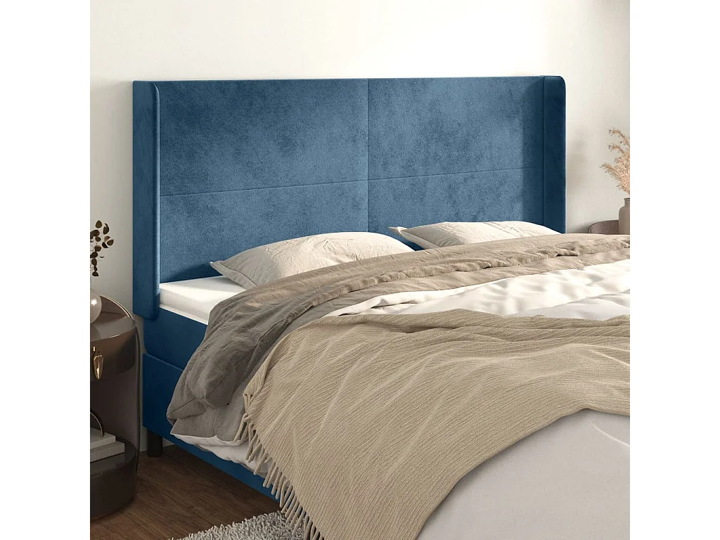 Cabeceira cama c/ abas veludo 163x16x118/128 cm azul-escuro PT132456