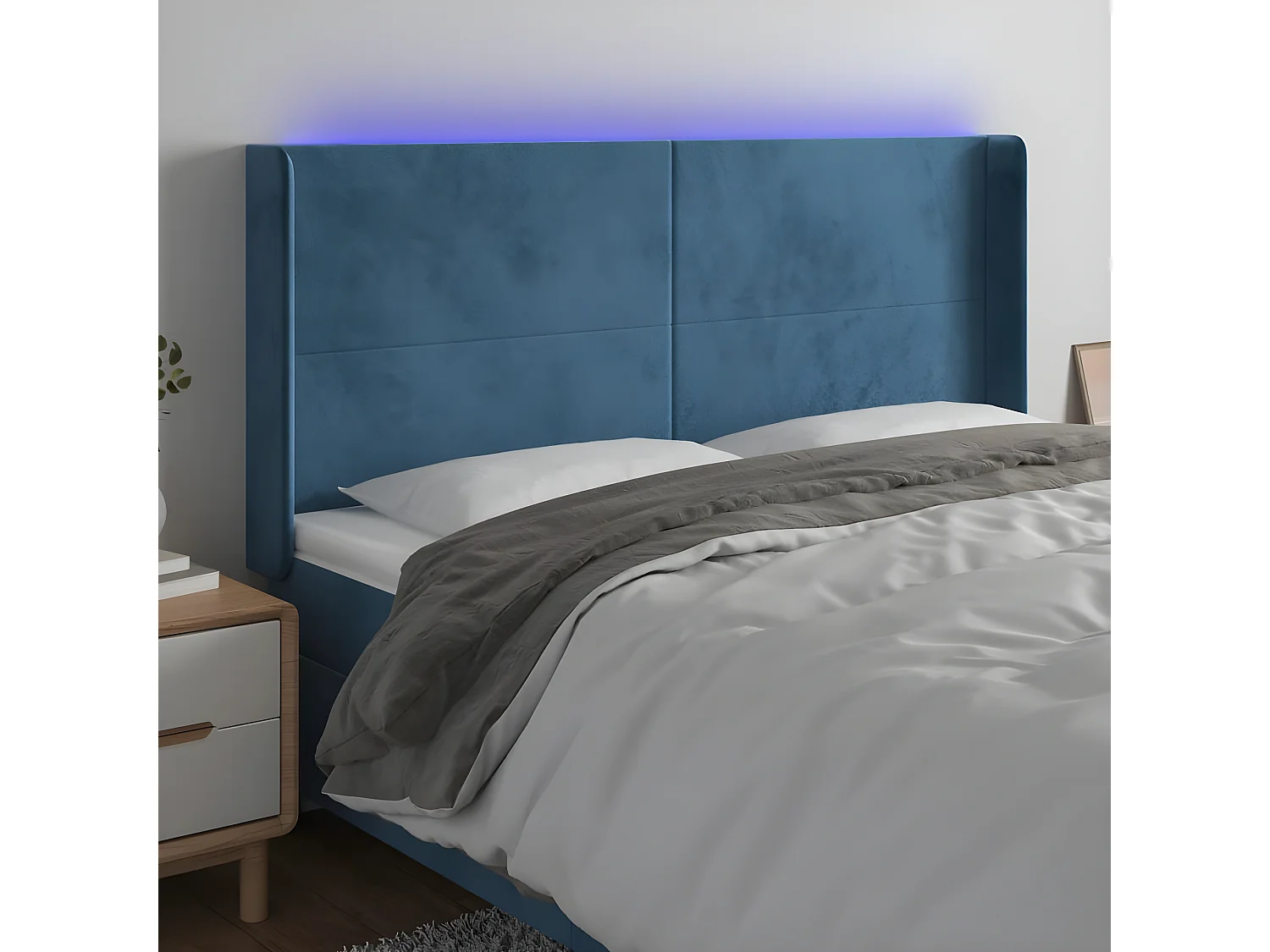 Cabeceira cama c/ luzes LED veludo 183x16x118/128cm azul-escuro PT995421