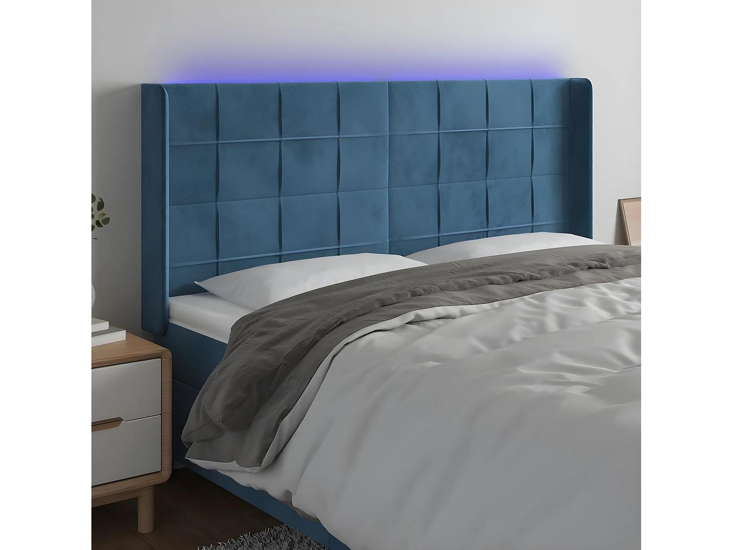 Cabeceira cama c/ luzes LED veludo 163x16x118/128cm azul-escuro PT108990