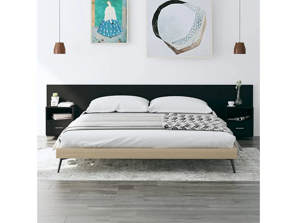 Tête de lit avec armoires Noir Bois d’ingénierie POI77293 BonneVie Meuble