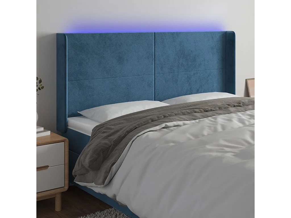 Cabeceira cama c/ luzes LED veludo 163x16x118/128cm azul-escuro PT397810