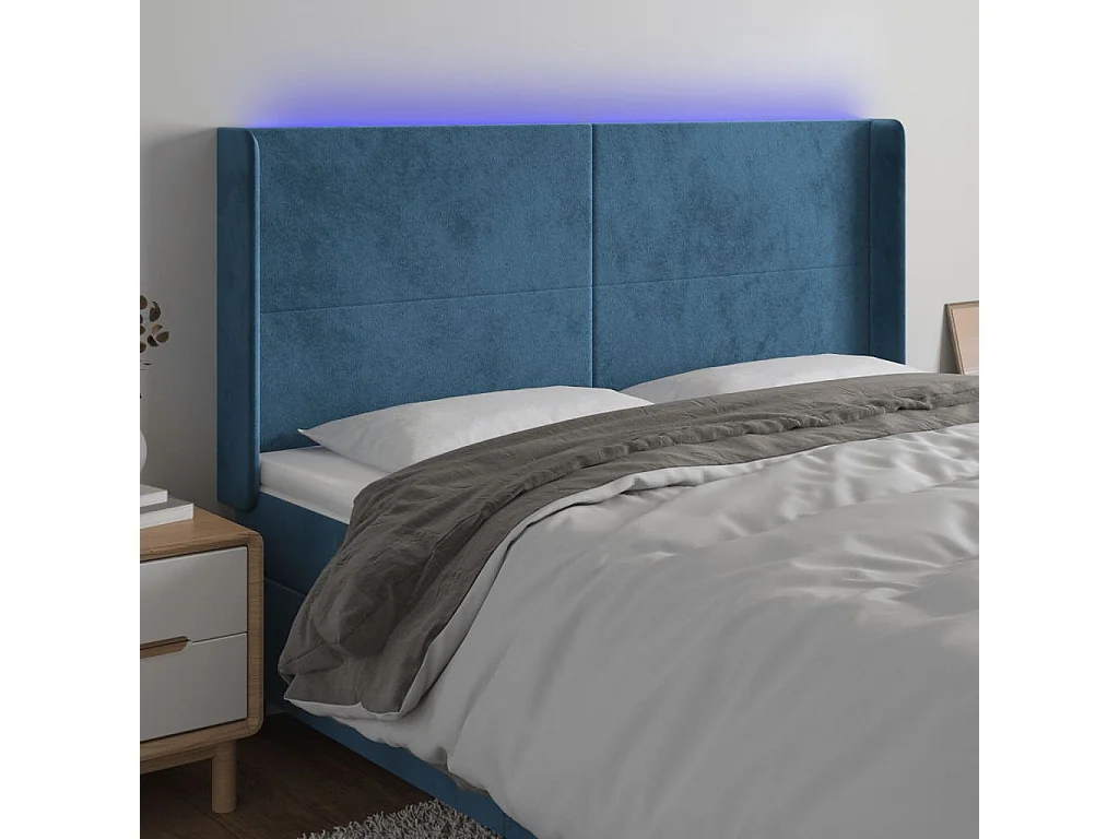 Cabeceira cama c/ luzes LED veludo 203x16x118/128cm azul-escuro PT594491