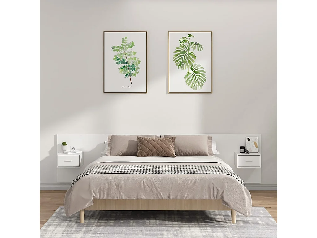 Cabecero de cama con mesitas madera contrachapada blanco ES10429