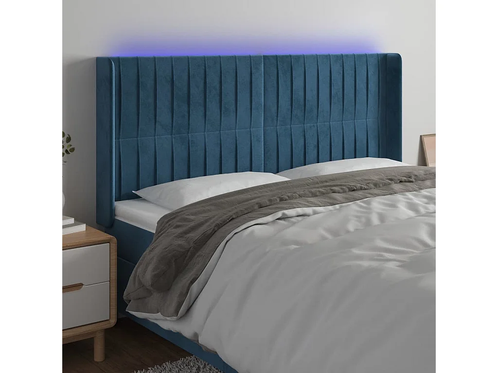 Cabeceira cama c/ luzes LED veludo 203x16x118/128cm azul-escuro PT879228