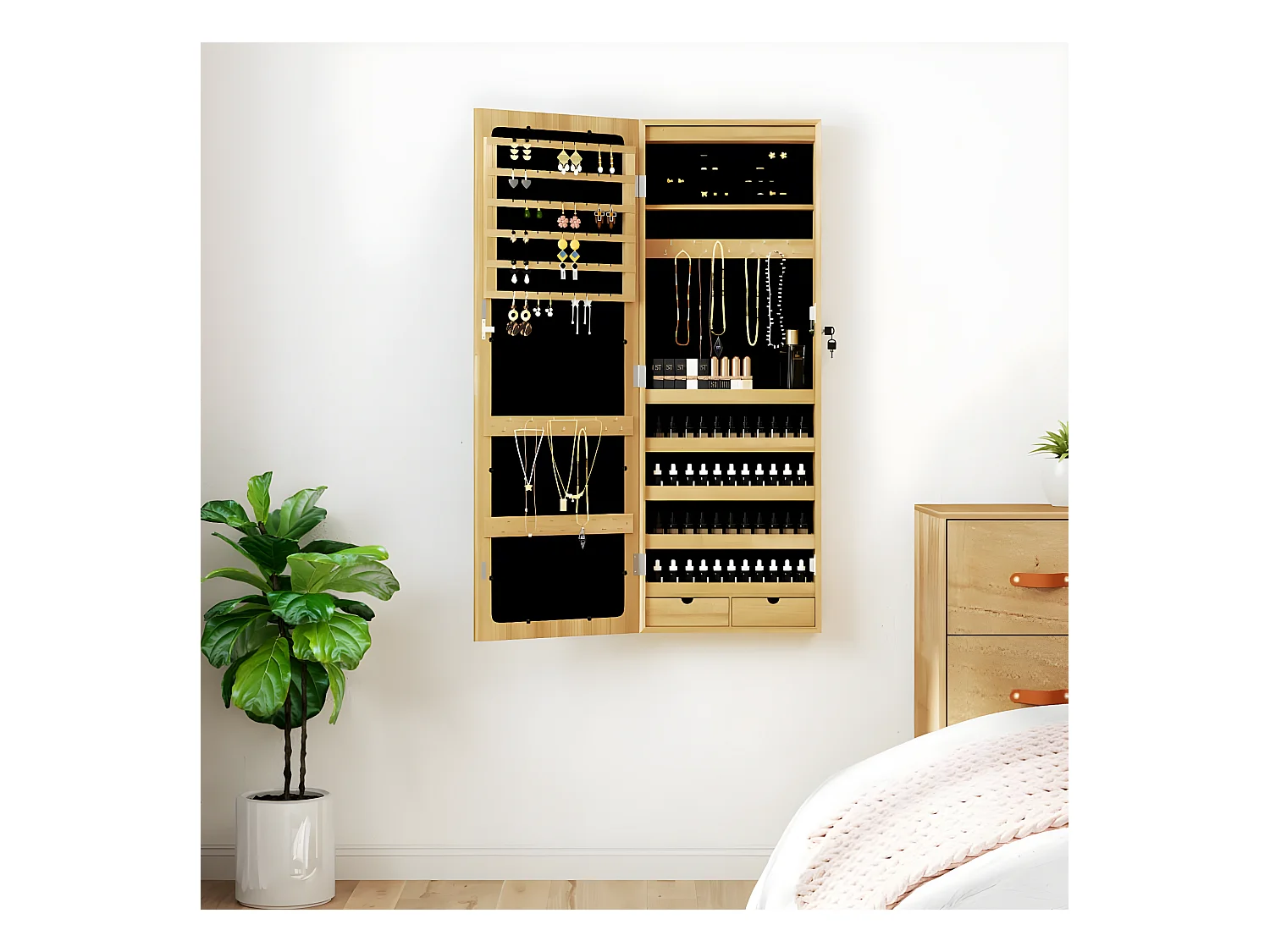 Armoire à bijoux avec miroir et éclairage LED mural OFR61946 BonneVie Meuble