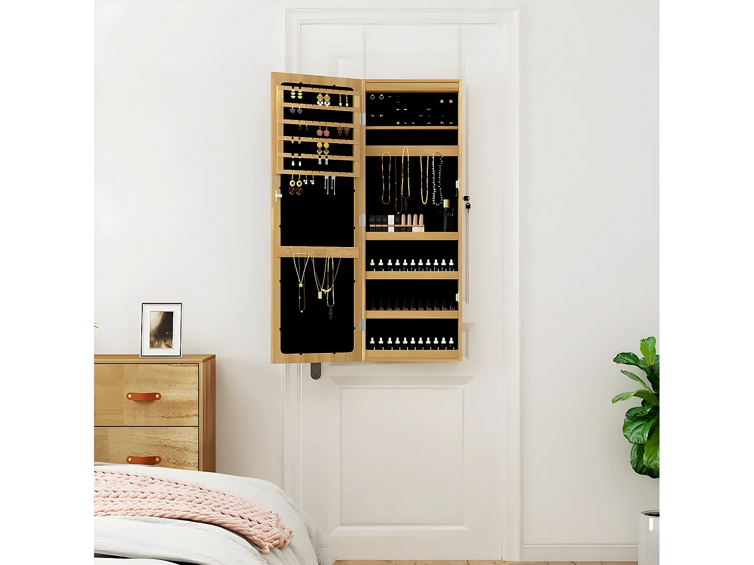 Armoire à bijoux avec miroir et éclairage LED mural OFR67813 BonneVie Meuble