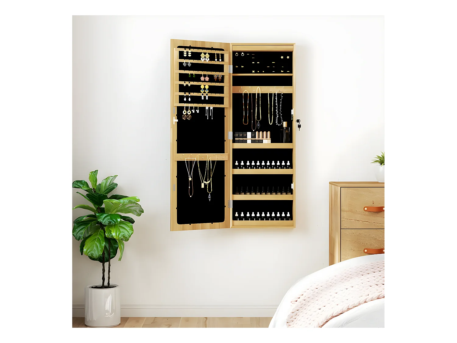 Armoire à bijoux avec miroir et éclairage LED mural OFR67813 BonneVie Meuble