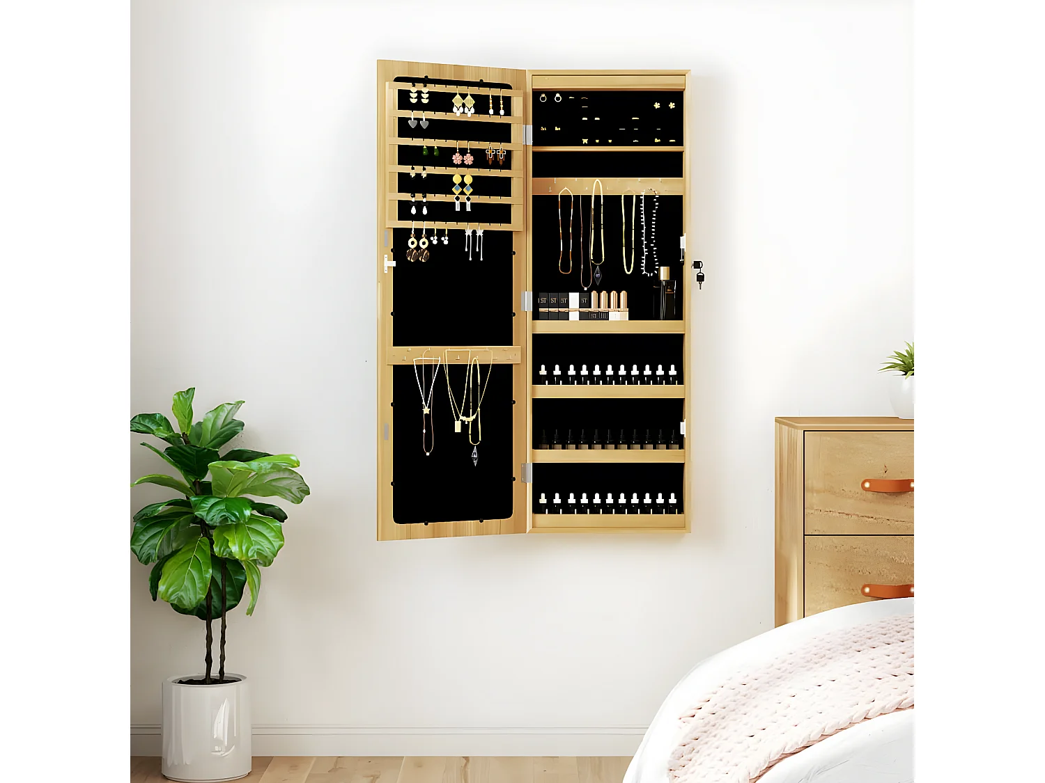 Armoire à bijoux avec miroir et éclairage LED mural OFR67813 BonneVie Meuble