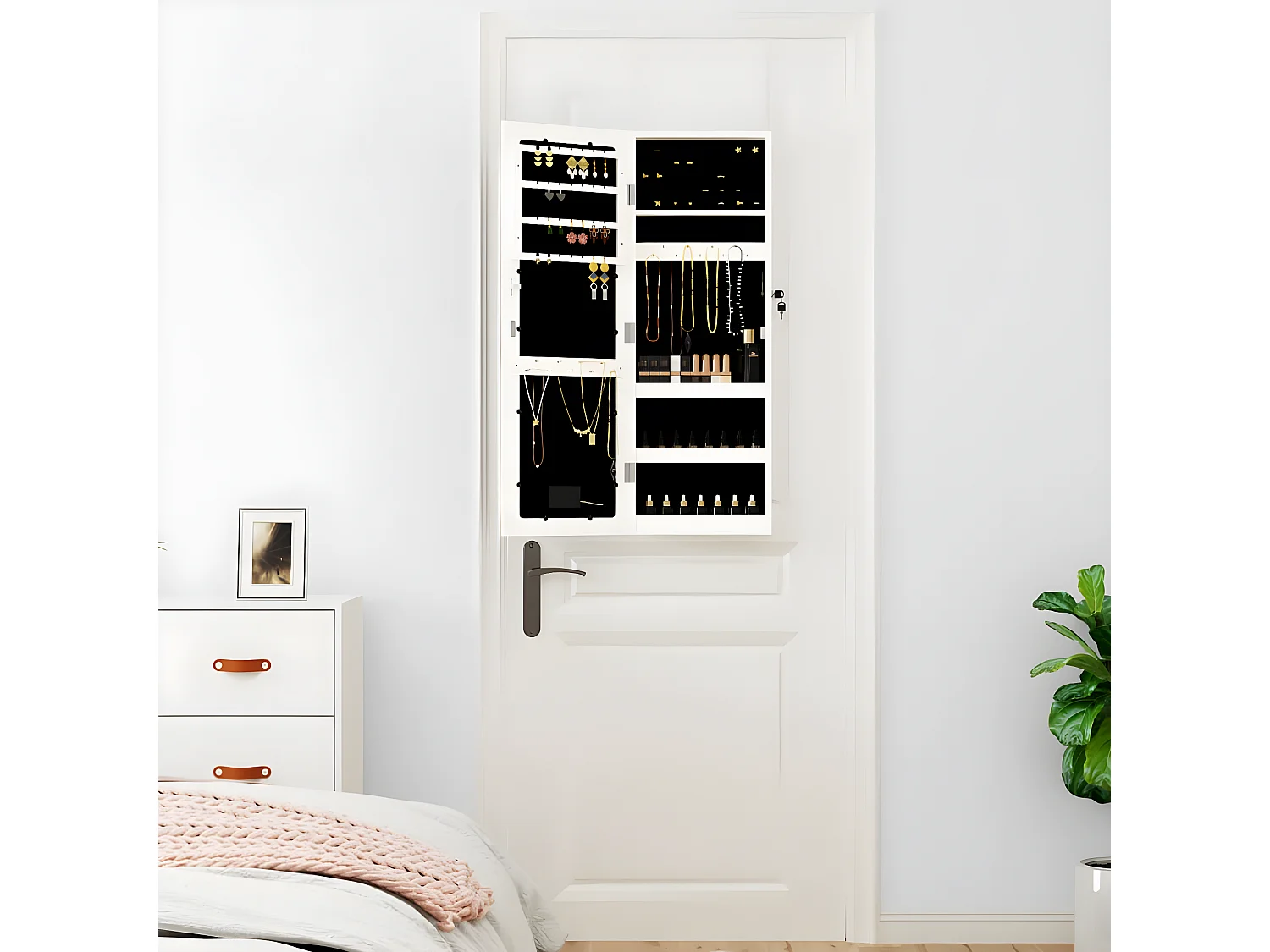 Armoire à bijoux avec miroir et éclairage LED mural blanc OFR35878 BonneVie Meuble