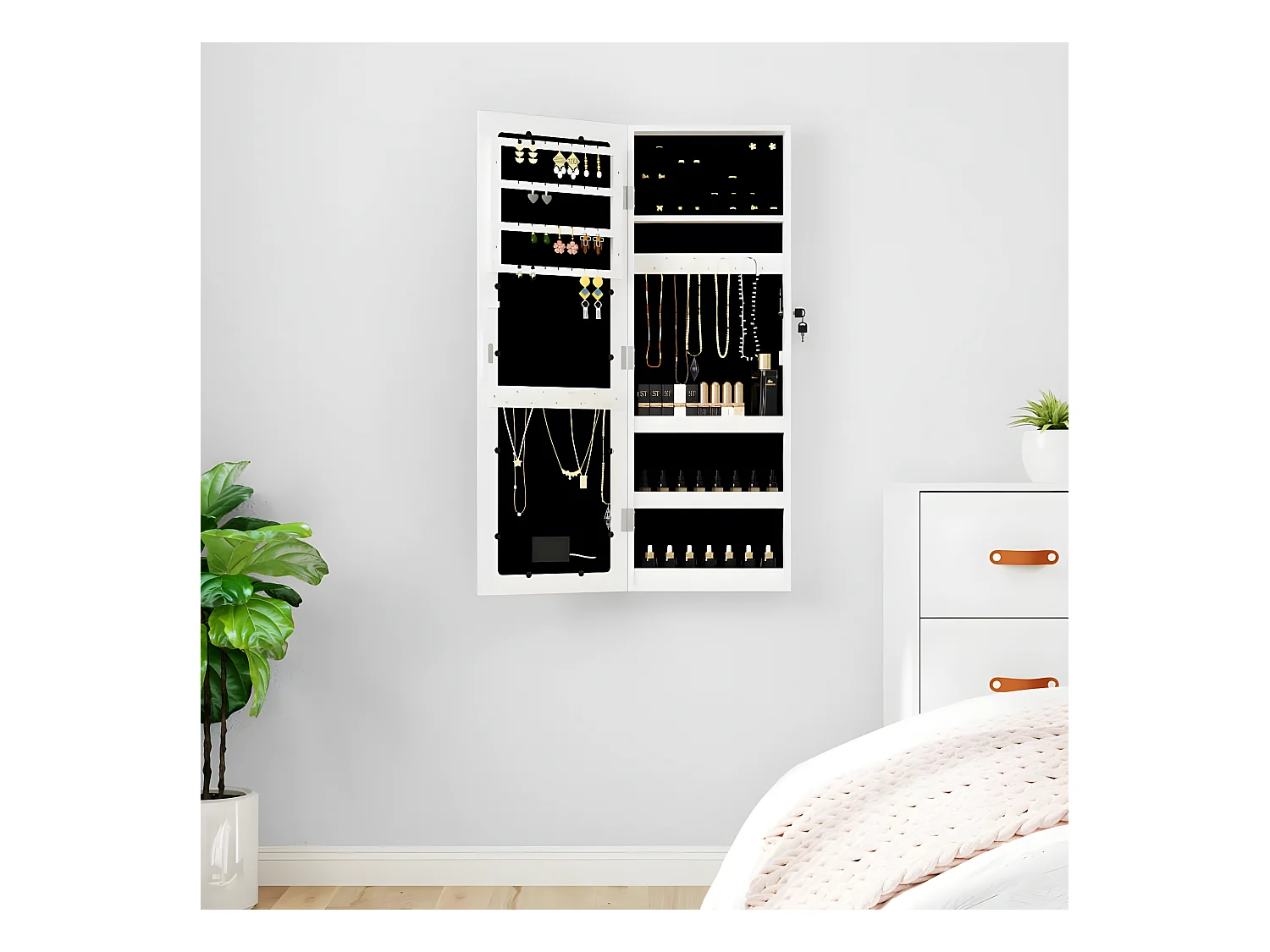 Sieradenkast met spiegel en LED wandgemonteerd wit NL693044