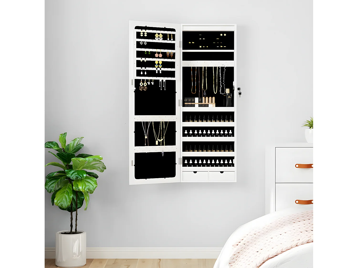 Armoire à bijoux avec miroir et éclairage LED mural blanc OFR27741 BonneVie Meuble