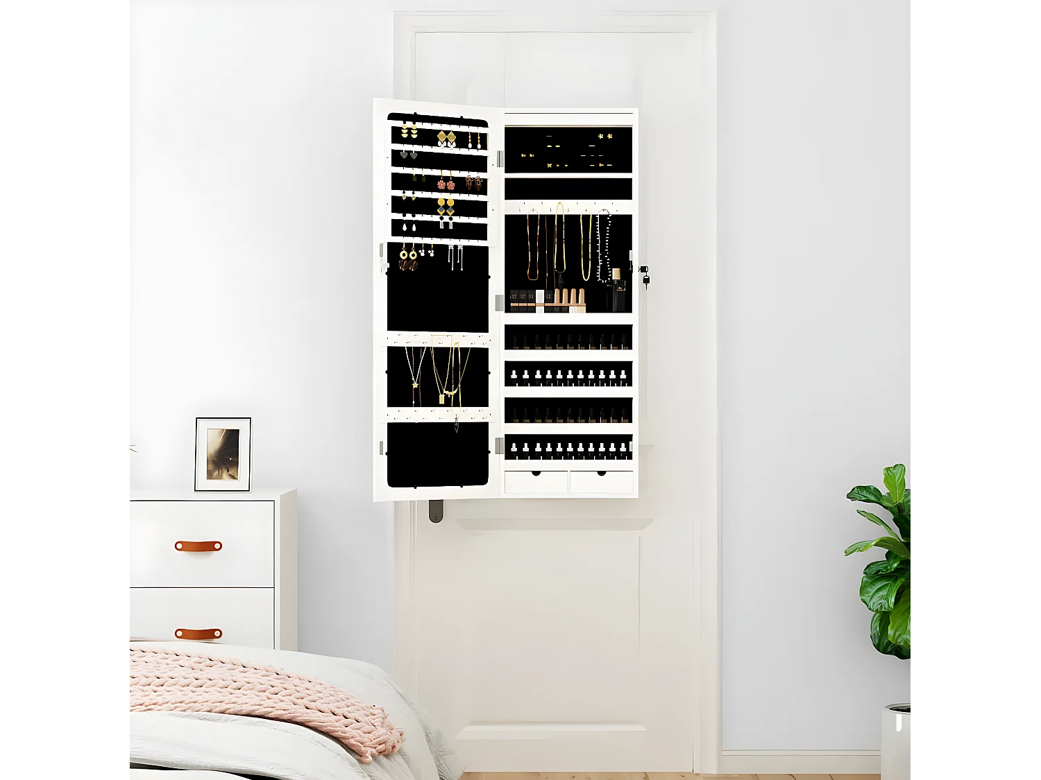 Armoire à bijoux avec miroir et éclairage LED mural blanc OFR27741 BonneVie Meuble