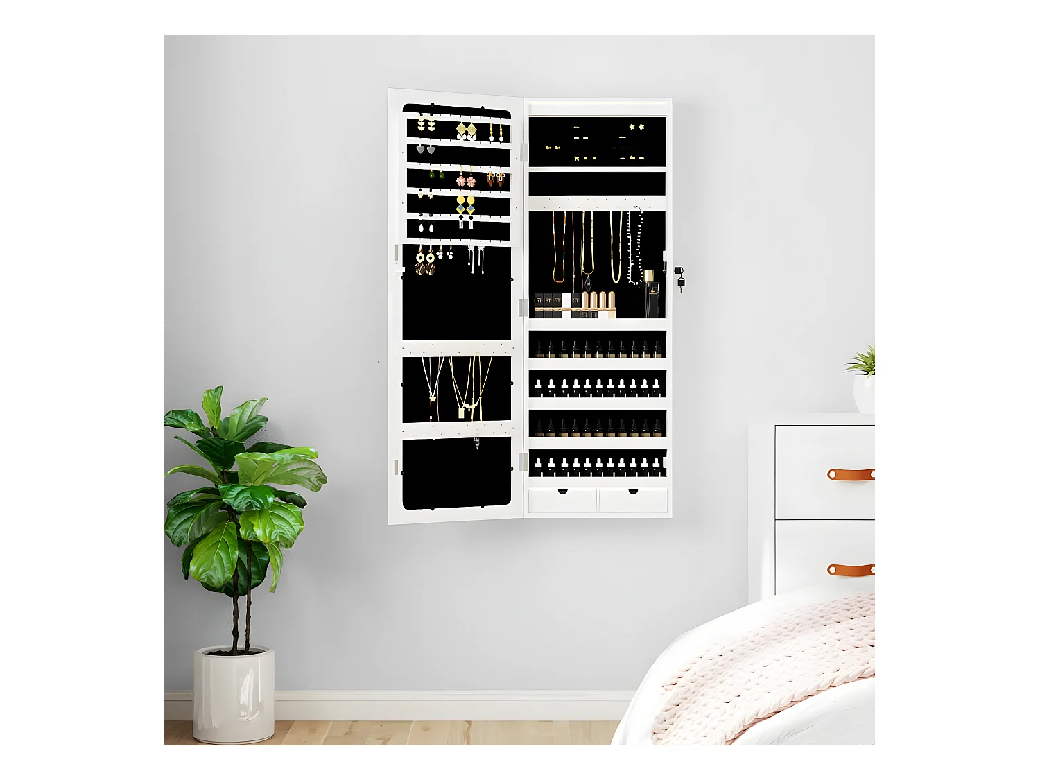 Armoire à bijoux avec miroir et éclairage LED mural blanc OFR27741 BonneVie Meuble