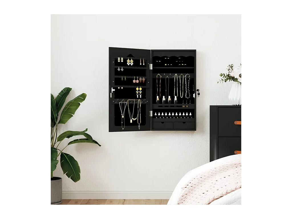 Armoire à bijoux avec miroir murale noir 37,5x10x67 cm OFR99560 BonneVie Meuble