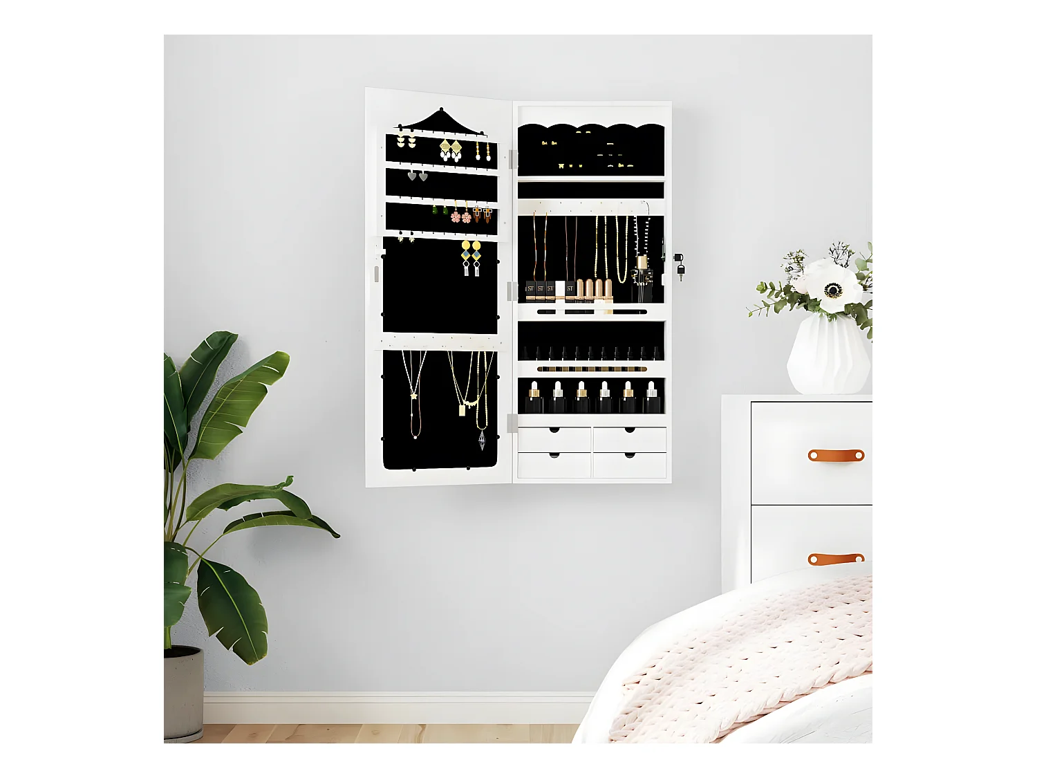 Armoire à bijoux avec miroir murale blanc 37,5x10x90 cm OFR95701 BonneVie Meuble