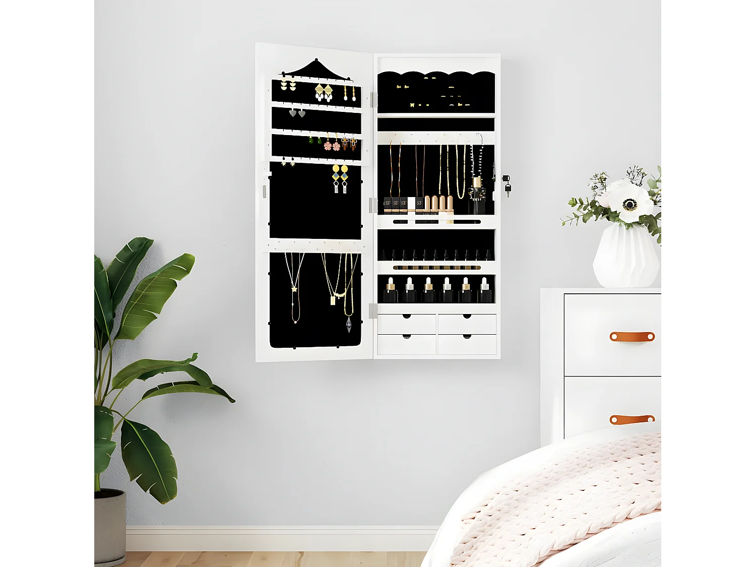 Armoire à bijoux avec miroir murale blanc 37,5x10x90 cm OFR95701 BonneVie Meuble