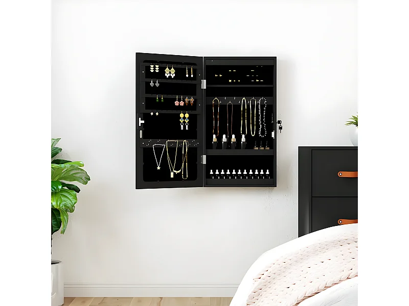 Móvel para joias de parede espelhado com luzes LED preto PT828415