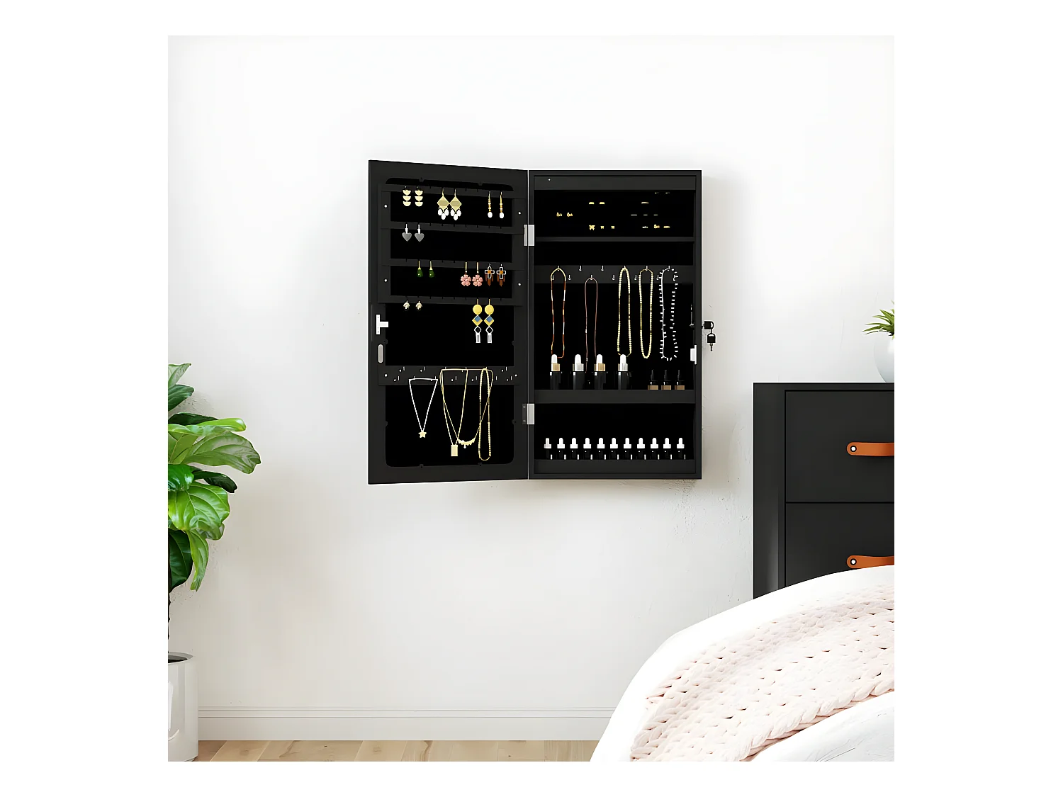 Armoire à bijoux avec miroir et éclairage LED mural noir OFR76862 BonneVie Meuble