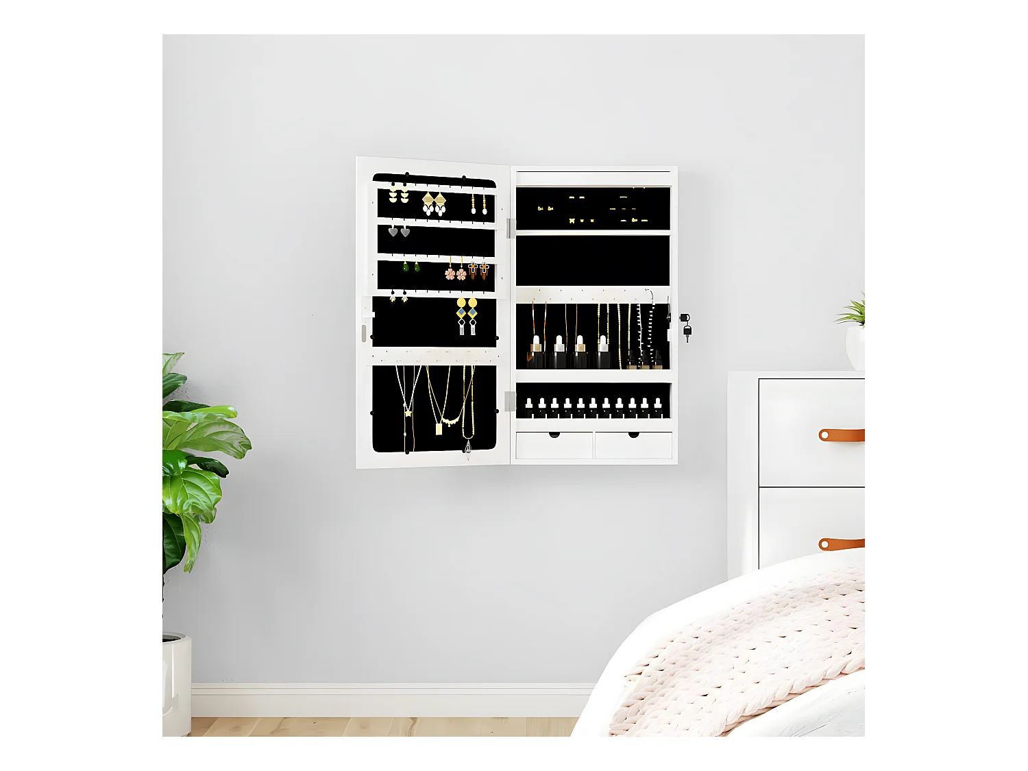 Armoire à bijoux avec miroir et éclairage LED mural blanc OFR83450 BonneVie Meuble