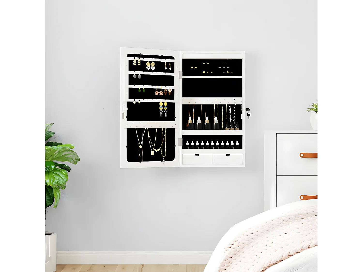 Móvel para joias de parede espelhado com luzes LED branco PT583445