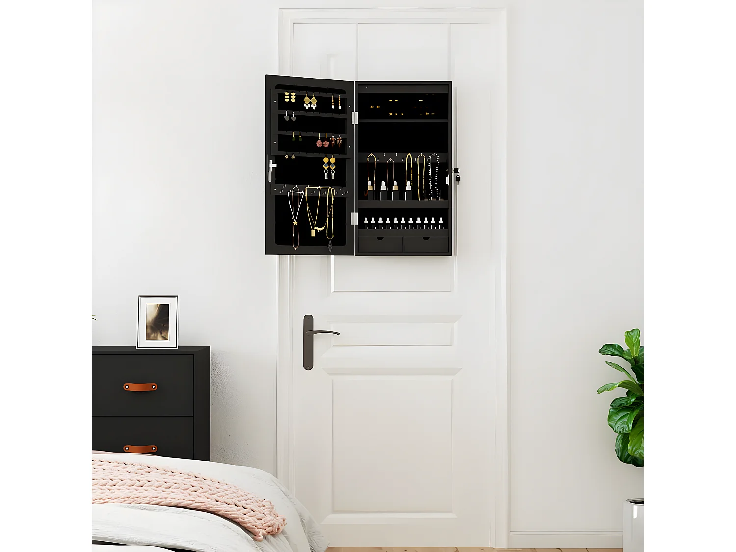 Armoire à bijoux avec miroir et éclairage LED mural noir OFR42009 BonneVie Meuble