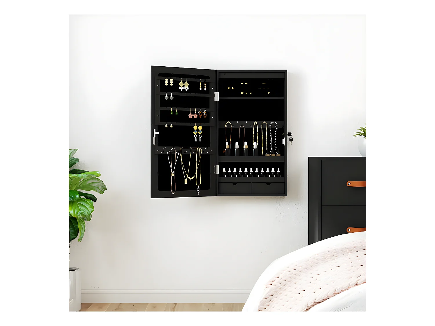 Armoire à bijoux avec miroir et éclairage LED mural noir OFR42009 BonneVie Meuble